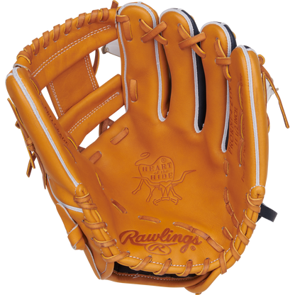 The Rawlings Heart of the Hide 11.5" Baseball Glove (PRORNP4-2TN) features a tan design with white accents, classic Pro-I web for infielders, detailed edge stitching, and the iconic Heart of the Hide logo in the palm.