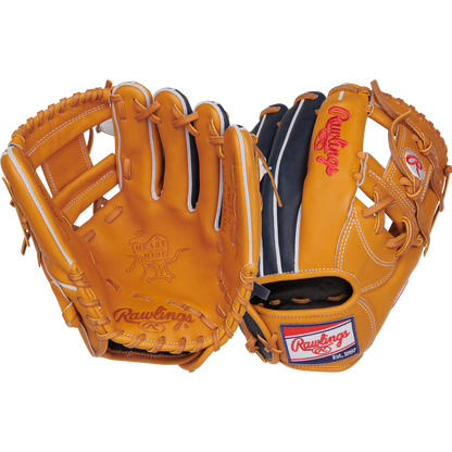 Two tan Rawlings Heart of the Hide 11.5" PRORNP4-2TN gloves are shown—one displays the embossed palm branding, while the other highlights a Pro-I web, red Rawlings patch, white stitching, and adjustable strap.