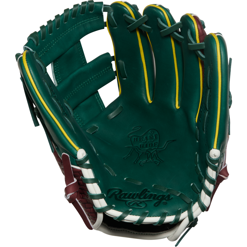 The Rawlings Heart of the Hide 11.75" Baseball Glove (PRORNP5-13DG) features a green design with yellow accents, white lacing, maroon trim, and embossed Rawlings and Heart of the Hide logos on premium leather.