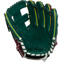 The Rawlings Heart of the Hide 11.75" Baseball Glove (PRORNP5-13DG) features a green design with yellow accents, white lacing, maroon trim, and embossed Rawlings and Heart of the Hide logos on premium leather.
