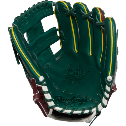 The Rawlings Heart of the Hide 11.75" Baseball Glove (PRORNP5-13DG) features a green design with yellow accents, white lacing, maroon trim, and embossed Rawlings and Heart of the Hide logos on premium leather.