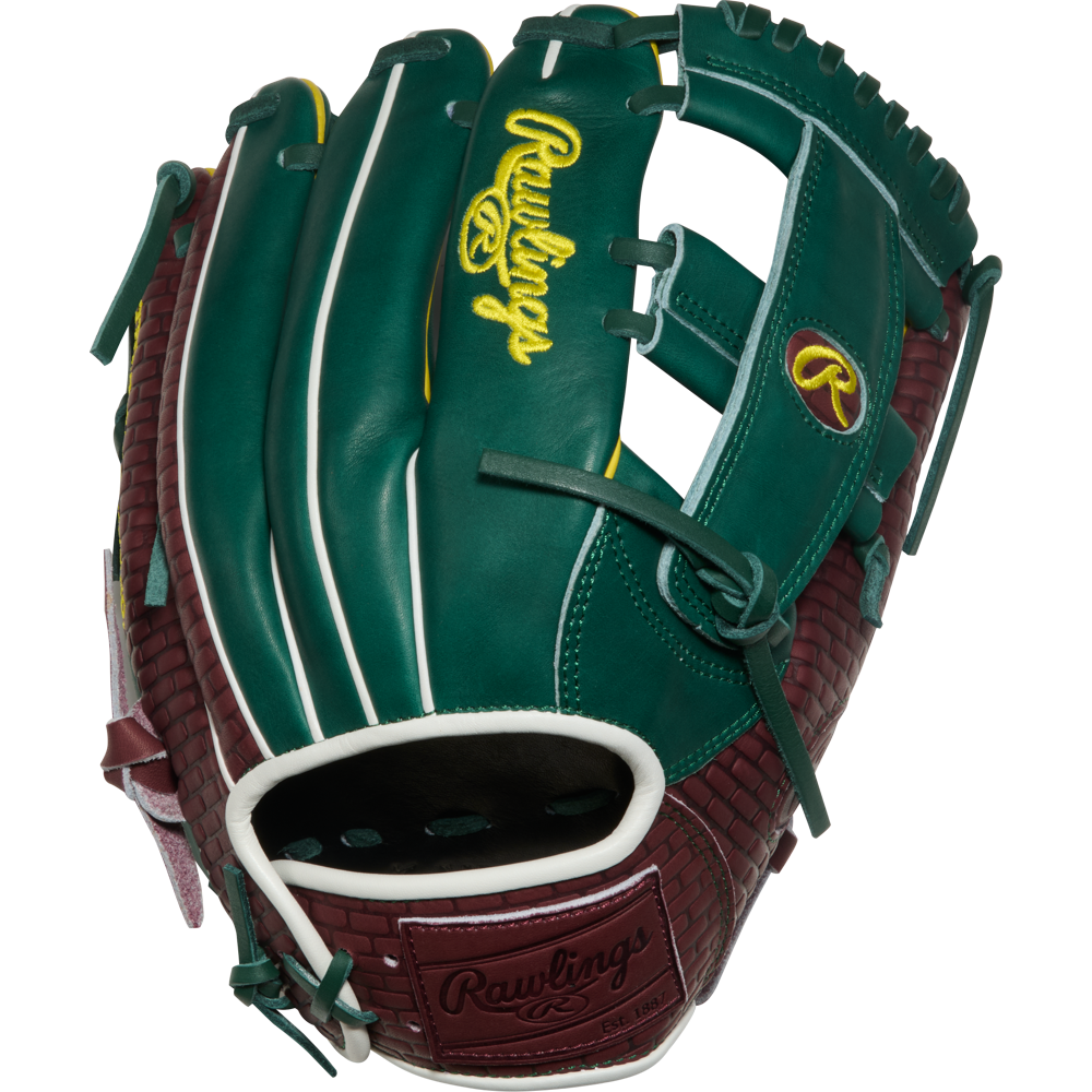 A Rawlings Heart of the Hide 11.75" Baseball Glove (PRORNP5-13DG), featuring green and maroon leather with yellow branding, white accents, and leather stitching, is displayed on a white background.