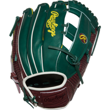 A Rawlings Heart of the Hide 11.75" Baseball Glove (PRORNP5-13DG), featuring green and maroon leather with yellow branding, white accents, and leather stitching, is displayed on a white background.