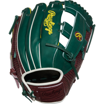 A Rawlings Heart of the Hide 11.75" Baseball Glove (PRORNP5-13DG), featuring green and maroon leather with yellow branding, white accents, and leather stitching, is displayed on a white background.