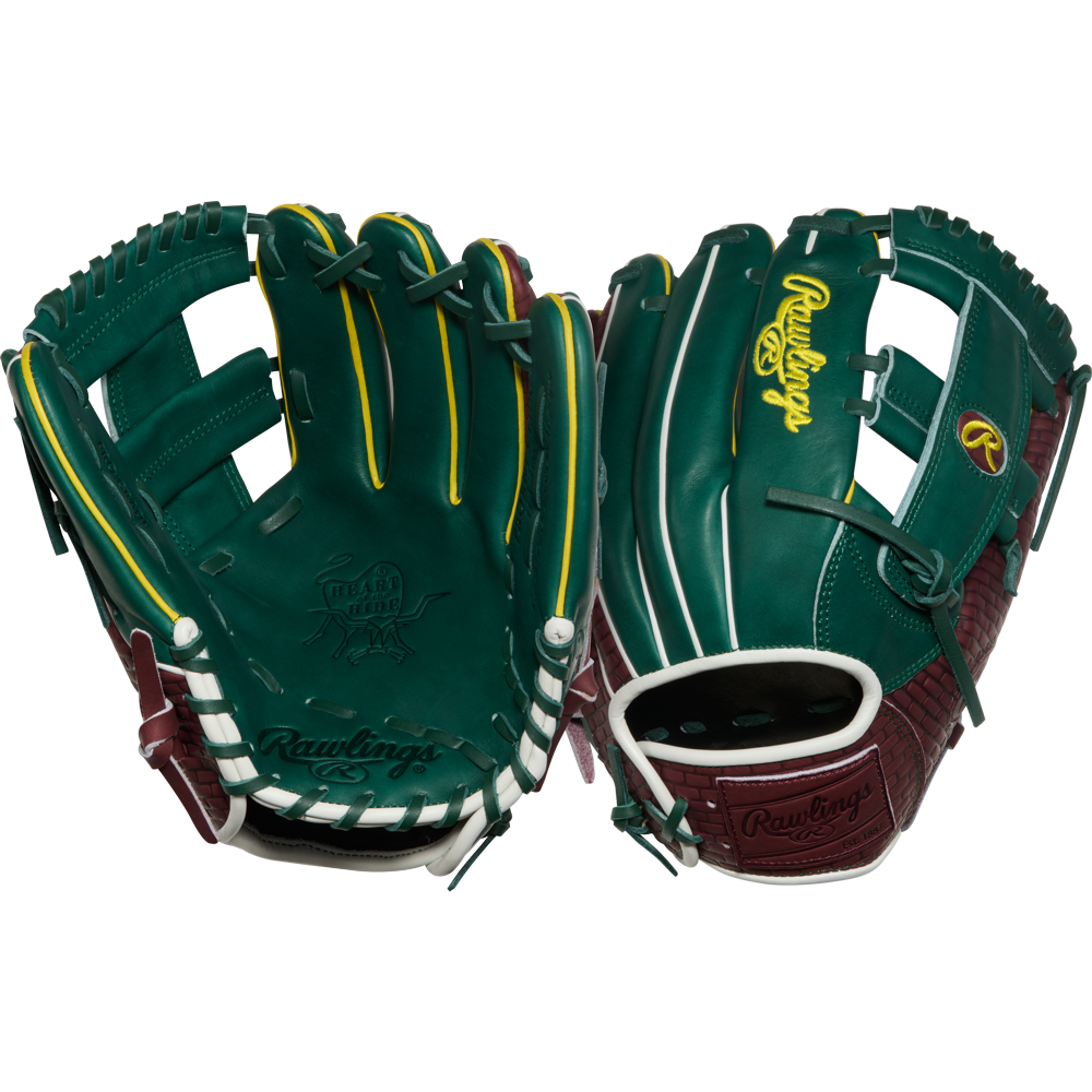 Two green Rawlings Heart of the Hide 11.75" baseball gloves (model PRORNP5-13DG), featuring yellow and white accents, brown webbing, and yellow Rawlings branding on the back and inside of each infield glove.