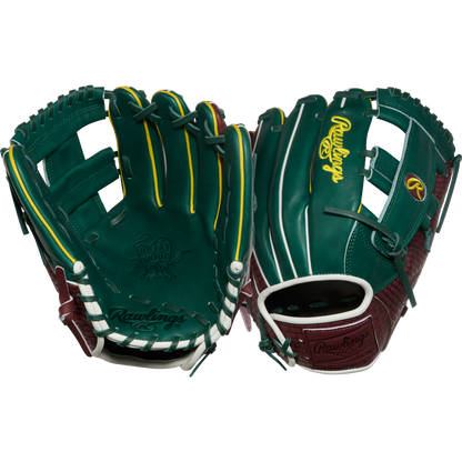 Two green Rawlings Heart of the Hide 11.75" baseball gloves (model PRORNP5-13DG), featuring yellow and white accents, brown webbing, and yellow Rawlings branding on the back and inside of each infield glove.