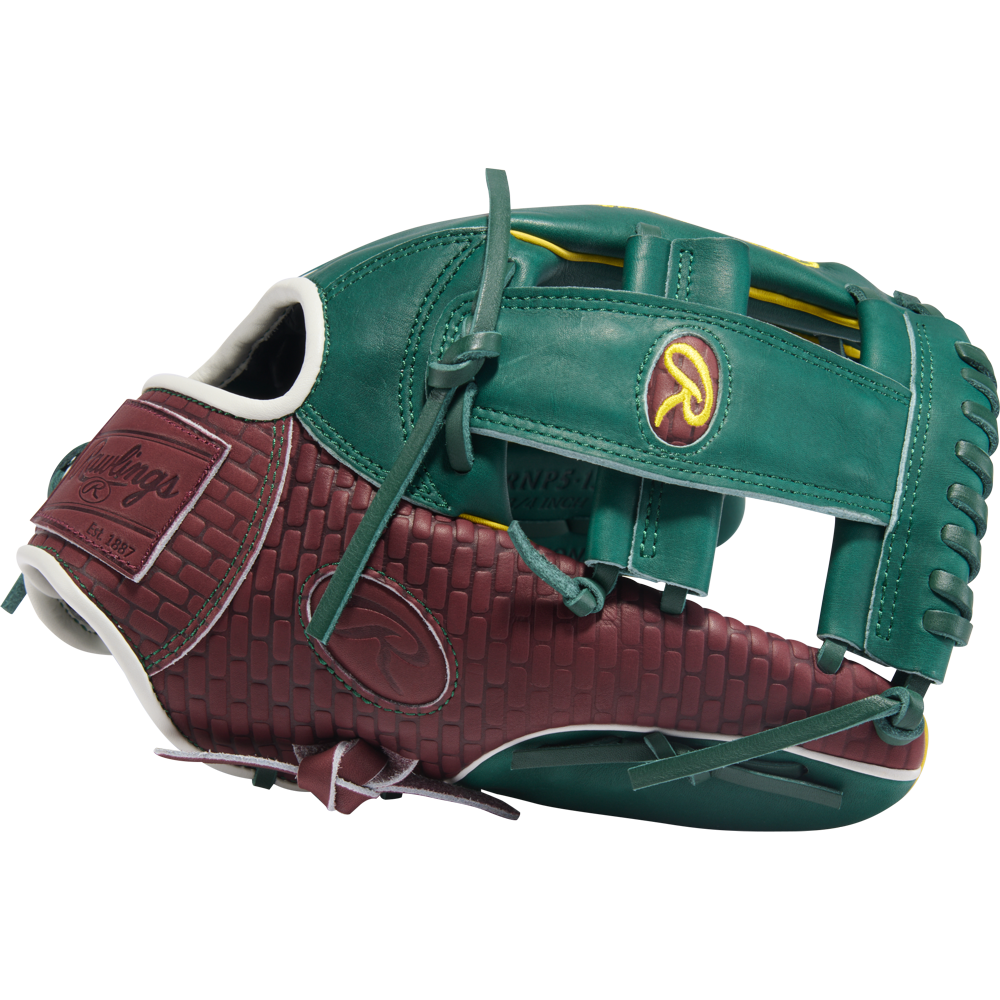 The Rawlings Heart of the Hide 11.75" Baseball Glove (PRORNP5-13DG) features green and maroon leather, a woven maroon pattern, and yellow logo accents, perfect for infielders.
