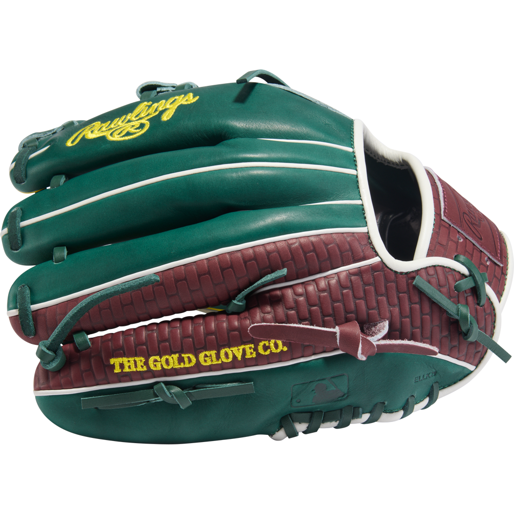 The Rawlings Heart of the Hide 11.75" Baseball Glove (PRORNP5-13DG) features teal and maroon leather, yellow "Rawlings" and "THE GOLD GLOVE CO." embroidery, a woven basket pattern on maroon sections, and teal laces.
