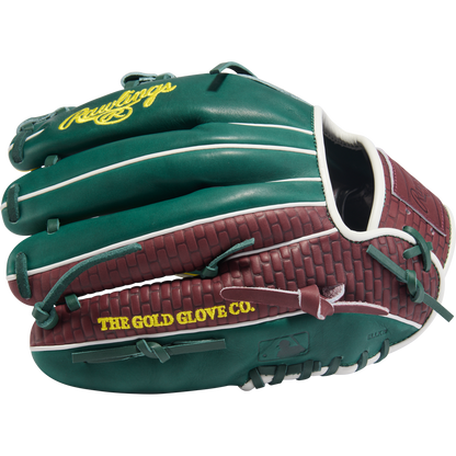 The Rawlings Heart of the Hide 11.75" Baseball Glove (PRORNP5-13DG) features teal and maroon leather, yellow "Rawlings" and "THE GOLD GLOVE CO." embroidery, a woven basket pattern on maroon sections, and teal laces.