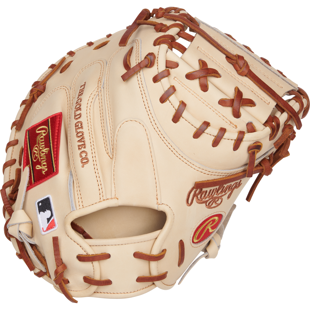 The Rawlings Heart of the Hide 34" Yadier Molina Baseball Catcher's Mitt (PRORYM4C) is a tan mitt with brown laces, red and gold logos, and an MLB patch, displayed on a plain white background.