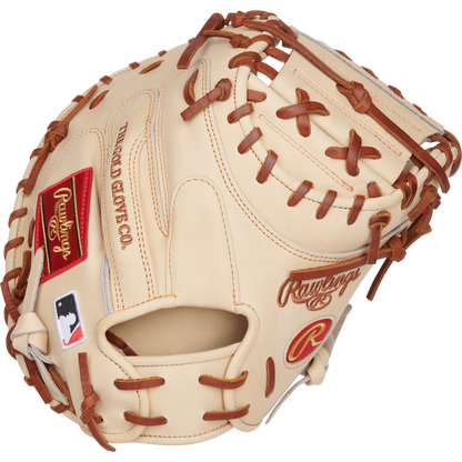 The Rawlings Heart of the Hide 34" Yadier Molina Baseball Catcher's Mitt (PRORYM4C) is a tan mitt with brown laces, red and gold logos, and an MLB patch, displayed on a plain white background.