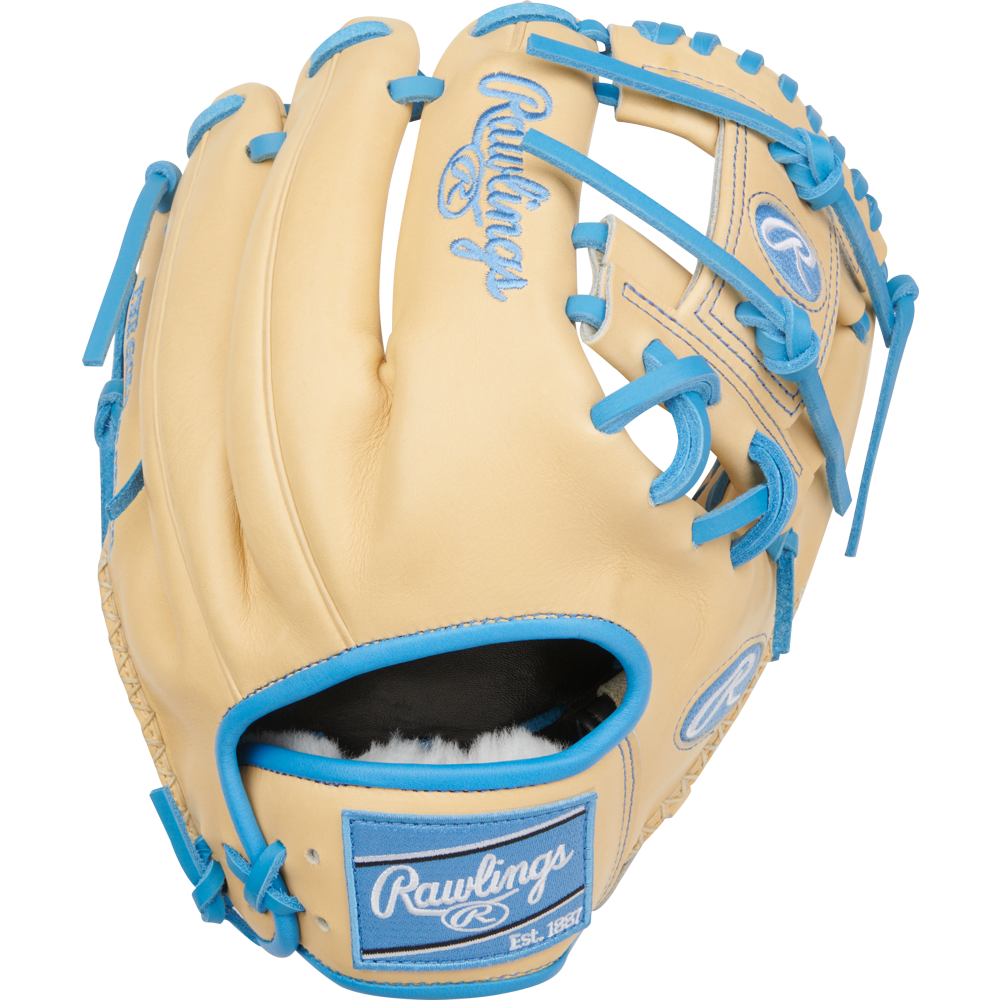 The Rawlings Pro Preferred 11.5" Baseball Glove (PROS204-2CCB) features tan kip leather, blue laces and trim, plus the iconic blue Rawlings logo on the wrist strap and above the webbing.