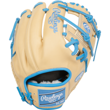 The Rawlings Pro Preferred 11.5" Baseball Glove (PROS204-2CCB) features tan kip leather, blue laces and trim, plus the iconic blue Rawlings logo on the wrist strap and above the webbing.