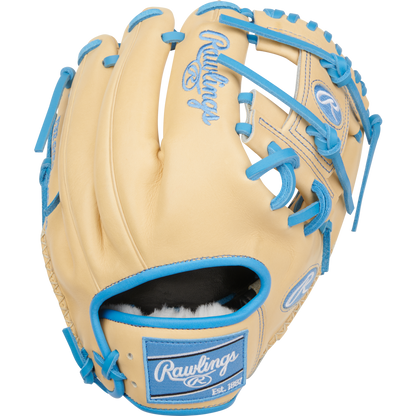 The Rawlings Pro Preferred 11.5" Baseball Glove (PROS204-2CCB) features tan kip leather, blue laces and trim, plus the iconic blue Rawlings logo on the wrist strap and above the webbing.