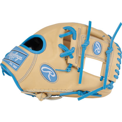 The Rawlings Pro Preferred 11.5" Baseball Glove (PROS204-2CCB) is tan kip leather with blue laces and stitching, a Rawlings logo, and a "Rawlings Est. 1887" patch on the strap.