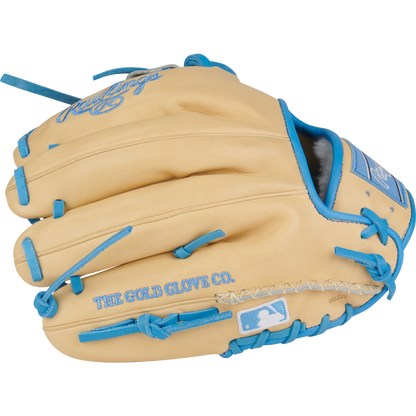 The Rawlings Pro Preferred 11.5" Baseball Glove (PROS204-2CCB) features premium kip leather in tan, blue laces and trim, the MLB logo, and "THE GOLD GLOVE CO." text on the outside.