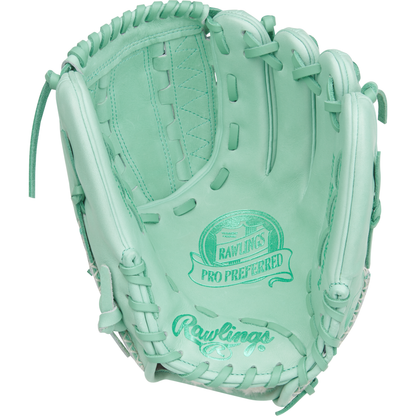 The Rawlings Pro Preferred 12" Baseball Glove (PROS206-12M) features premium kip leather in mint green, detailed stitching and lacing, and an embossed Rawlings logo on the palm.