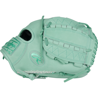 The Rawlings Pro Preferred 12" Baseball Glove (PROS206-12M) features a mint green design, detailed stitching, premium kip leather, and the iconic Rawlings logo with a tag on the wrist area.