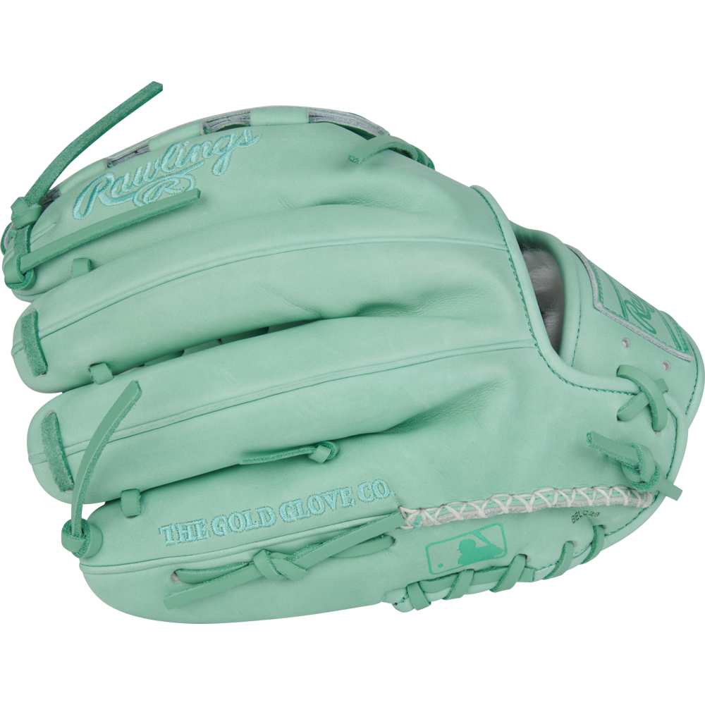 The Rawlings Pro Preferred 12" Baseball Glove: PROS206-12M is a mint green glove crafted from premium kip leather, with decorative stitching, embossed "THE GOLD GLOVE CO." text, and the MLB logo on the thumb.