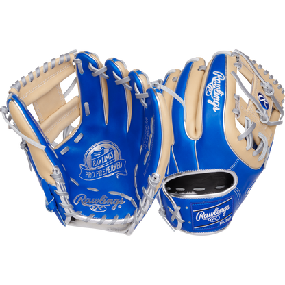 Two Rawlings Pro Preferred 11.5" Baseball Gloves (model PROS314-2R) in blue and tan with white laces, made from premium kip leather, are shown side by side to display both front and back views.