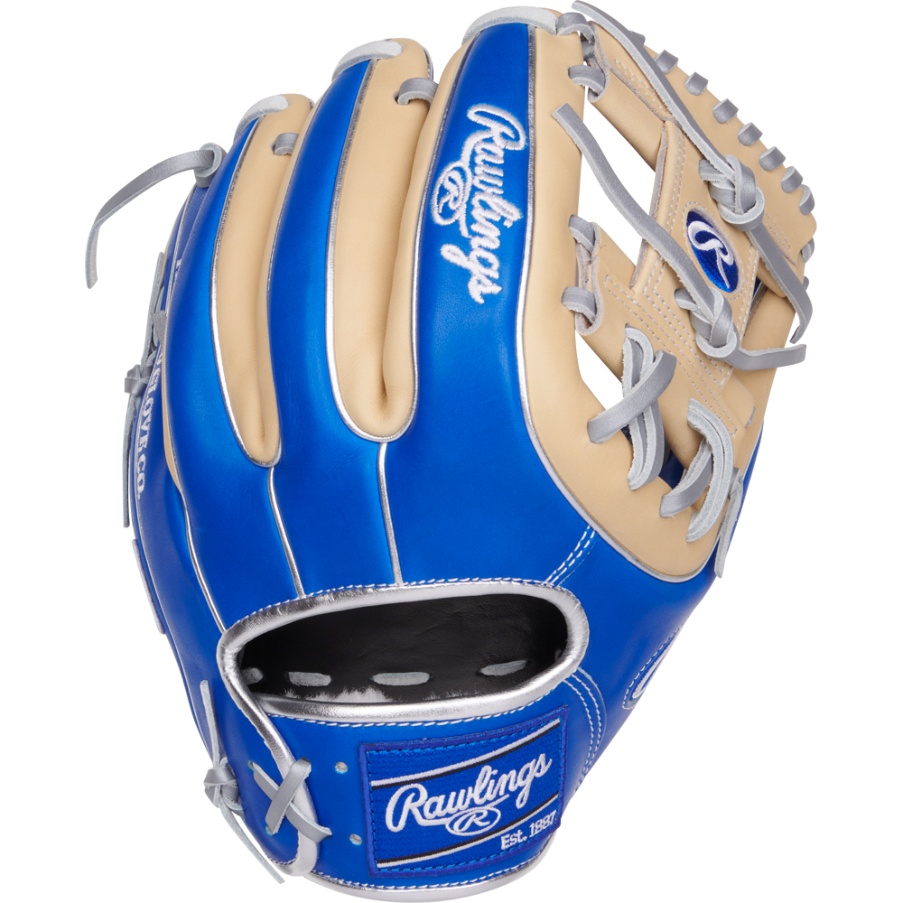 The Rawlings Pro Preferred 11.5" Baseball Glove (PROS314-2R) features premium kip leather in blue and tan with gray laces, white stitching, and the Rawlings logo on the wrist strap, pinky, and back of the index finger—ideal for infielders.