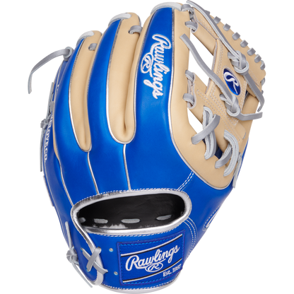 The Rawlings Pro Preferred 11.5" Baseball Glove (PROS314-2R) features premium kip leather in blue and tan with gray laces, white stitching, and the Rawlings logo on the wrist strap, pinky, and back of the index finger—ideal for infielders.
