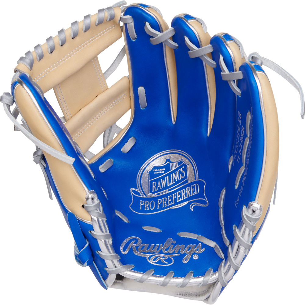 The Rawlings Pro Preferred 11.5" Baseball Glove (PROS314-2R) is a blue and tan infield glove featuring premium kip leather, white laces, open design, and prominent Rawlings branding on the palm.