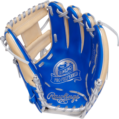 The Rawlings Pro Preferred 11.5" Baseball Glove (PROS314-2R) is a blue and tan infield glove featuring premium kip leather, white laces, open design, and prominent Rawlings branding on the palm.