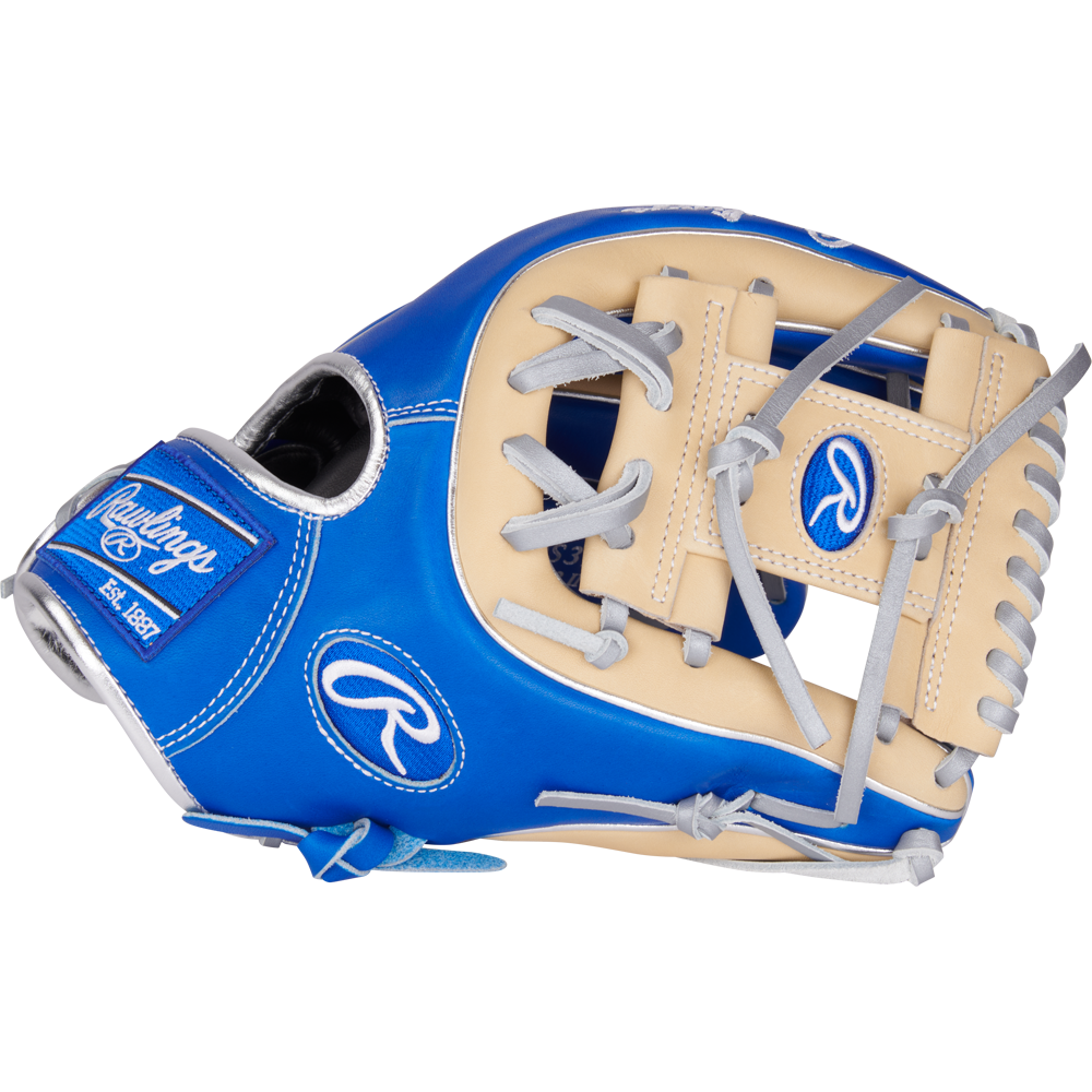 The Rawlings Pro Preferred 11.5" Baseball Glove (PROS314-2R) features premium kip leather in blue and tan, with silver laces, white stitching, and the Rawlings logo, shown on a plain white background.