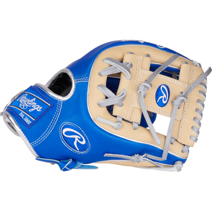 The Rawlings Pro Preferred 11.5" Baseball Glove (PROS314-2R) features premium kip leather in blue and tan, with silver laces, white stitching, and the Rawlings logo, shown on a plain white background.