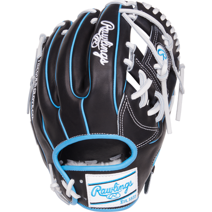 The Rawlings Pro Preferred 11.5" Baseball Glove (PROS934-2BW) features black premium kip leather, white laces, light blue trim, and the iconic Rawlings logo with an Est. 1887 patch on the wrist strap—perfect for elite infielders.