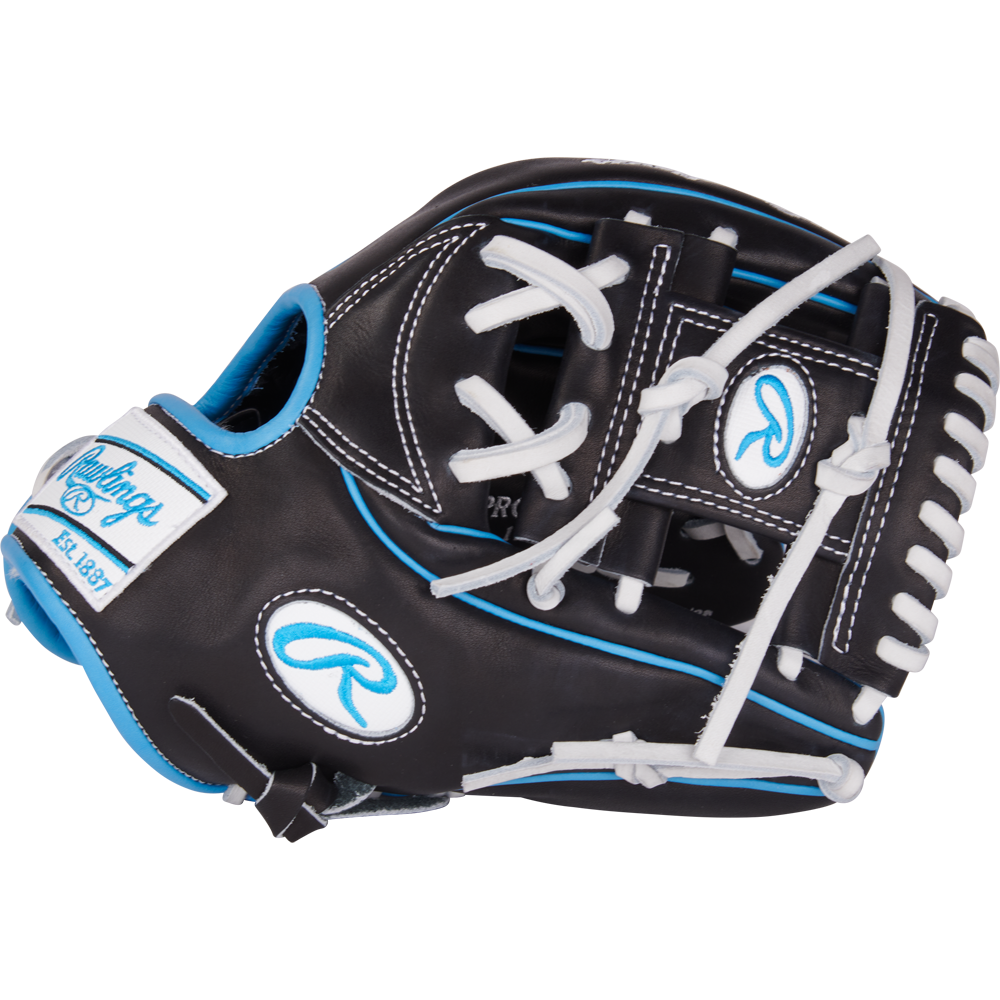 The Rawlings Pro Preferred 11.5" Baseball Glove (PROS934-2BW) is a black kip leather infield glove with white laces, blue accents, and the Rawlings logo on the wrist strap and thumb area.