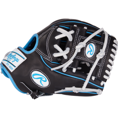 The Rawlings Pro Preferred 11.5" Baseball Glove (PROS934-2BW) is a black kip leather infield glove with white laces, blue accents, and the Rawlings logo on the wrist strap and thumb area.