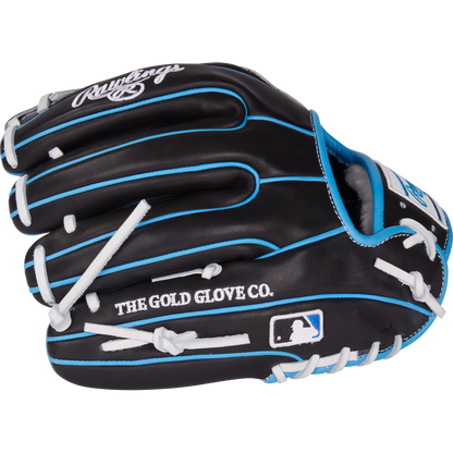 The Rawlings Pro Preferred 11.5" PROS934-2BW Baseball Glove is crafted from black kip leather with blue accents and white laces, and features “THE GOLD GLOVE CO.” and the MLB logo printed on the side.