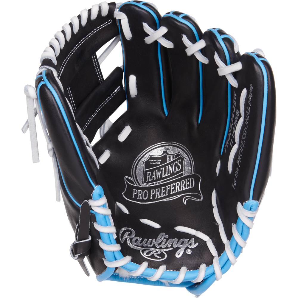 The Rawlings Pro Preferred 11.5" Baseball Glove (PROS934-2BW) is a black infield glove crafted from kip leather with white and light blue laces, and displays the Pro Preferred logo on the palm.