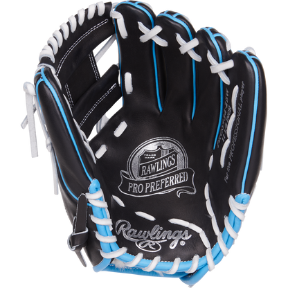 The Rawlings Pro Preferred 11.5" Baseball Glove (PROS934-2BW) is a black infield glove crafted from kip leather with white and light blue laces, and displays the Pro Preferred logo on the palm.