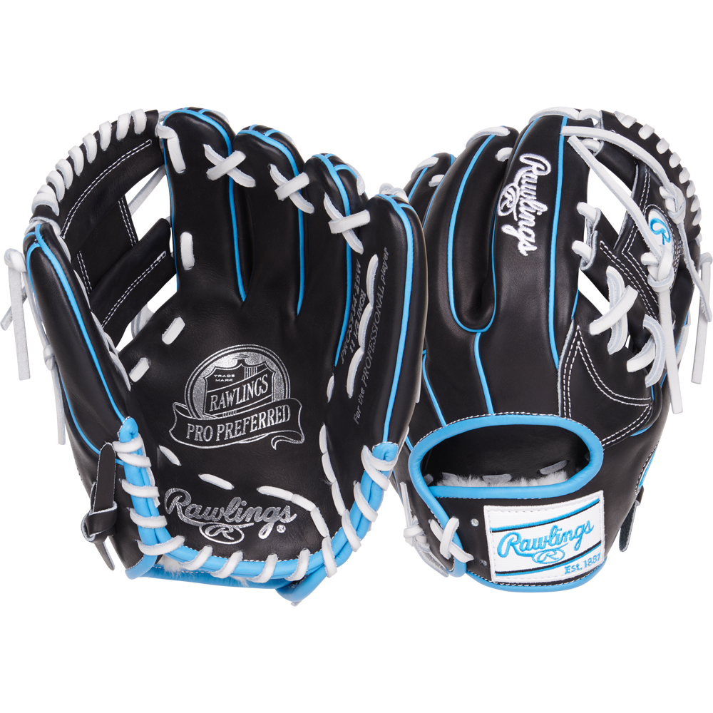 The Rawlings Pro Preferred 11.5" Baseball Glove (PROS934-2BW) features black and blue premium kip leather, ideal for infielders seeking top-quality performance.