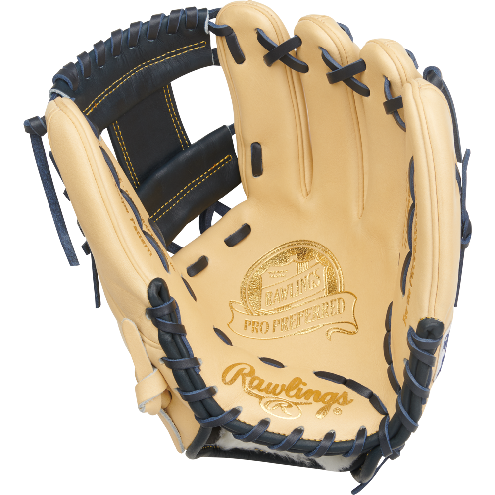 The Rawlings Pro Preferred 11.5" Anthony Volpe Game Model Baseball Glove (PROSAV11) boasts tan and black leather, gold-embossed branding on the palm, and sleek black lacing along the edges.