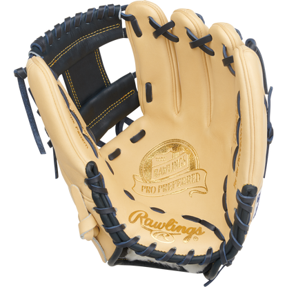The Rawlings Pro Preferred 11.5" Anthony Volpe Game Model Baseball Glove (PROSAV11) boasts tan and black leather, gold-embossed branding on the palm, and sleek black lacing along the edges.
