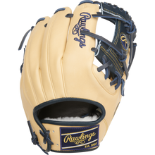 The Rawlings Pro Preferred 11.5" Anthony Volpe Game Model Baseball Glove (PROSAV11) features tan and navy leather, detailed stitching, Rawlings branding on the thumb, and a "Rawlings Est. 1887" patch near the wrist opening.