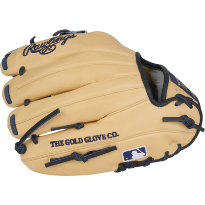 The Rawlings Pro Preferred 11.5" Anthony Volpe Game Model Baseball Glove (PROSAV11) is tan with dark blue laces, THE GOLD GLOVE CO. text, and an MLB logo patch on the thumb.