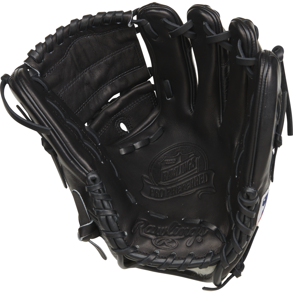 A Rawlings Pro Preferred 11.75" Jacob Degrom GM Baseball Glove (RPROSJD48) in black, featuring visible stitching and embossed palm branding, is shown upright with open fingers against a plain white background.