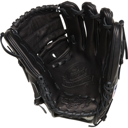 A Rawlings Pro Preferred 11.75" Jacob Degrom GM Baseball Glove (RPROSJD48) in black, featuring visible stitching and embossed palm branding, is shown upright with open fingers against a plain white background.