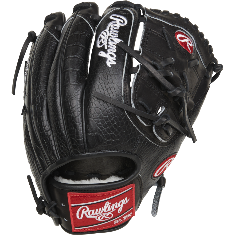 The Rawlings Pro Preferred 11.75" Jacob Degrom GM Baseball Glove (RPROSJD48) features a black textured surface, white stitching, red Rawlings logo patches on the wrist and thumb, durable lacing, and a soft interior for comfort.