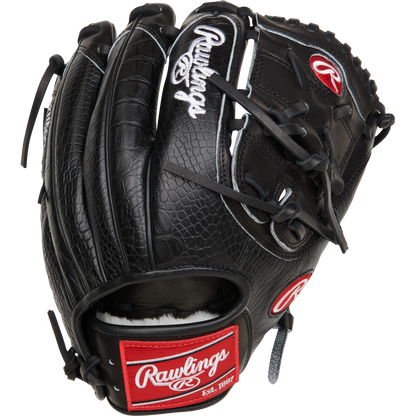 The Rawlings Pro Preferred 11.75" Jacob Degrom GM Baseball Glove (RPROSJD48) features a black textured surface, white stitching, red Rawlings logo patches on the wrist and thumb, durable lacing, and a soft interior for comfort.