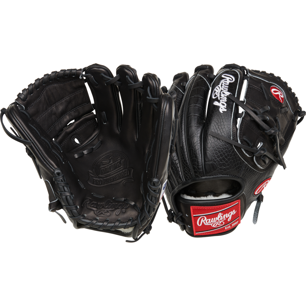 Two Rawlings Pro Preferred 11.75" Jacob Degrom GM Gloves (RPROSJD48), black with white stitching and red logos, are shown palm and back side against a white background, resembling Jacob DeGrom’s classic style.