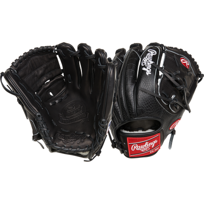 Two Rawlings Pro Preferred 11.75" Jacob Degrom GM Gloves (RPROSJD48), black with white stitching and red logos, are shown palm and back side against a white background, resembling Jacob DeGrom’s classic style.