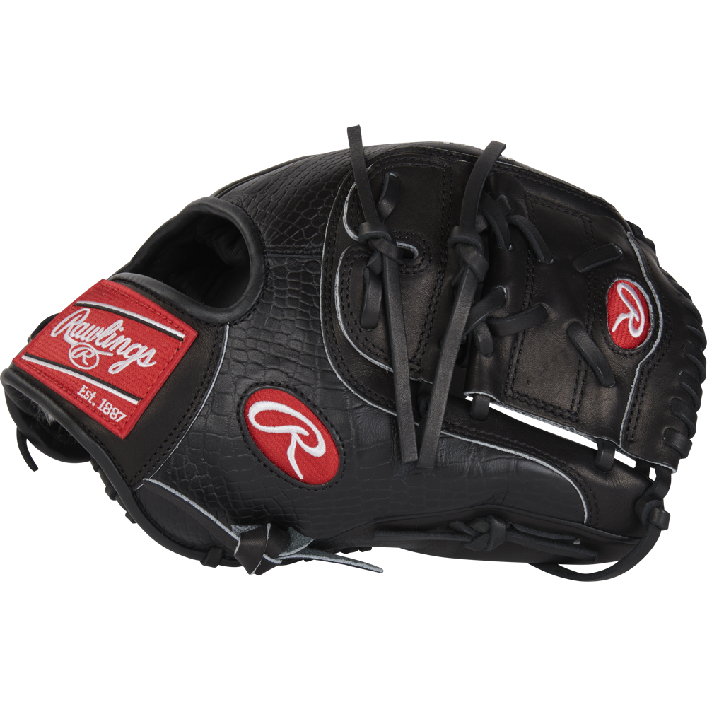 The Rawlings Pro Preferred 11.75" Jacob Degrom GM Baseball Glove (RPROSJD48) features black textured leather, red and white Rawlings logos, visible laces, and is ideal for pitchers seeking professional quality. Shown on a plain white background.