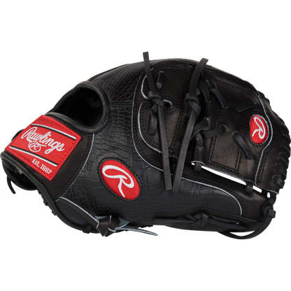 The Rawlings Pro Preferred 11.75" Jacob Degrom GM Baseball Glove (RPROSJD48) features black textured leather, red and white Rawlings logos, visible laces, and is ideal for pitchers seeking professional quality. Shown on a plain white background.