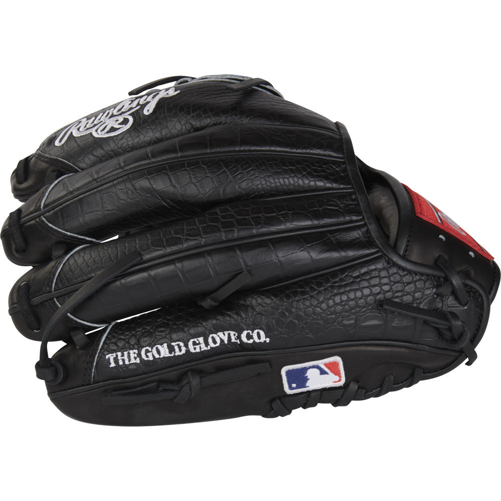 The Rawlings Pro Preferred 11.75" Jacob Degrom GM Baseball Glove (RPROSJD48) features a black, textured design, white The Gold Glove Co. script, and an MLB logo patch on the wrist, ideal for pitchers and shown against a plain backdrop.